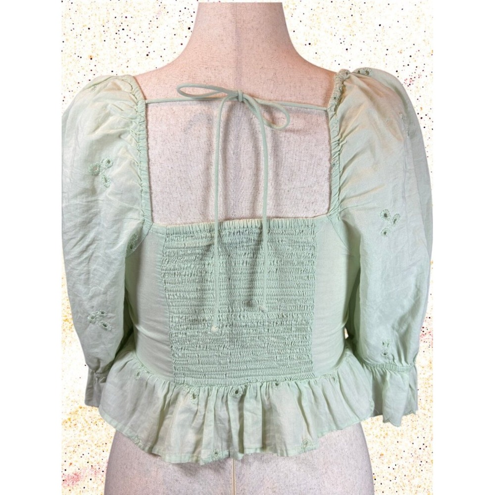 Zara Embroidered Eyelet Blouse M Puff Sleeve Cropped Top Mint Green Coquette - Picture 6 of 9